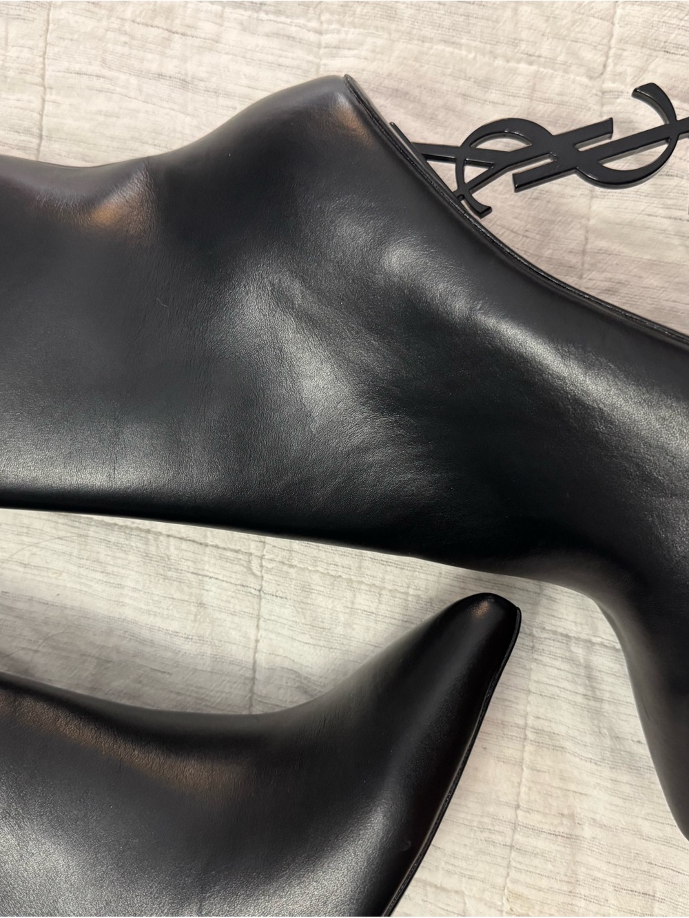 Saint Laurent Black Leather Ankle Boot with Logo Sculptural Heel - Picture 11 of 13